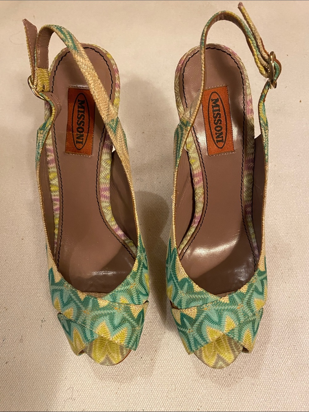 Missoni Green and Yellow Patterned Slingback Peep-Toe Heels